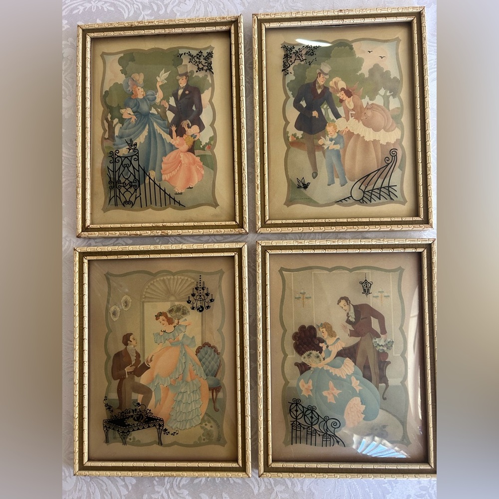 4 Vintage Curved Glass Framed Reverse Painted Silhouettes - Picture 2 of 9